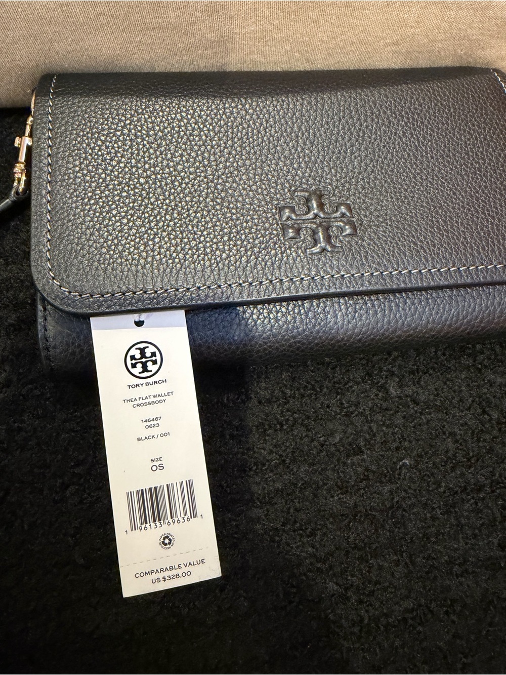 Tory Burch Black Pebbled Leather Fold-Over Crossbody with Wallet